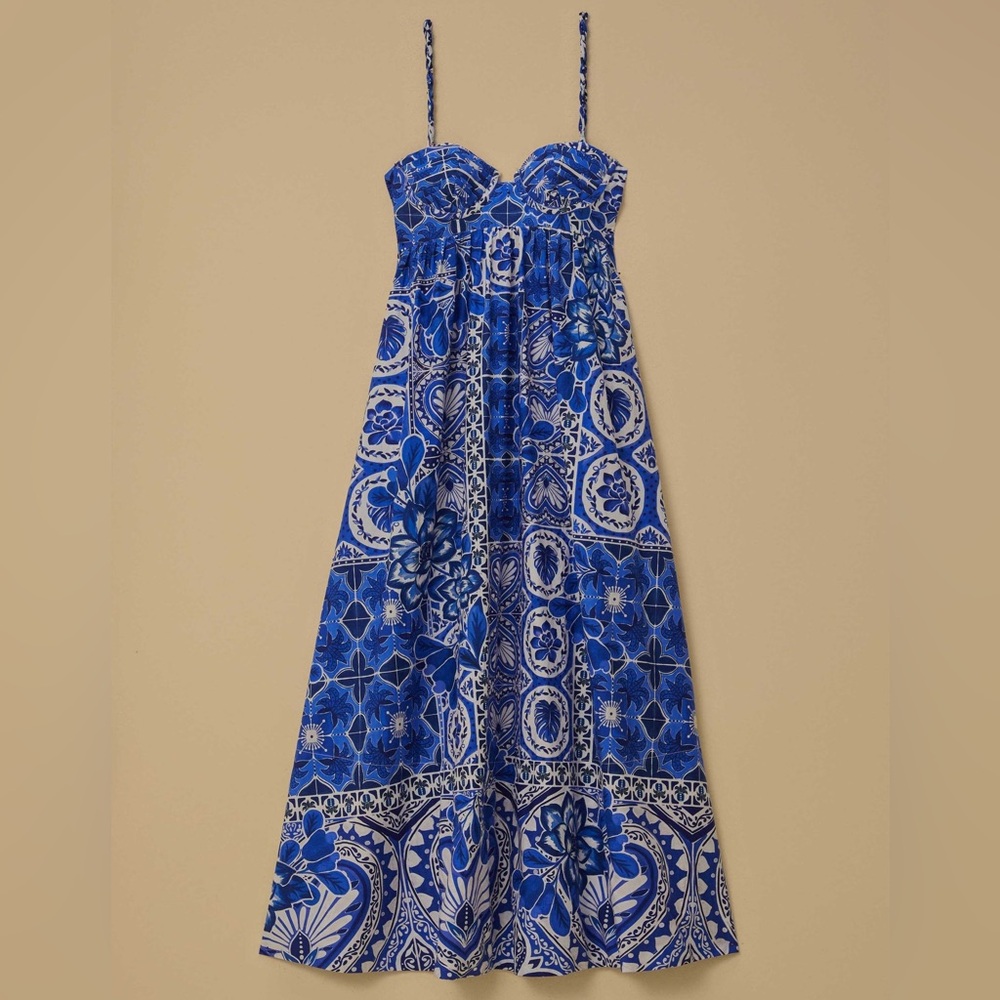 Caroline Constas Maxi Dress Blue Tile Print Size Small 100% Cotton Designer NWT - Picture 2 of 13